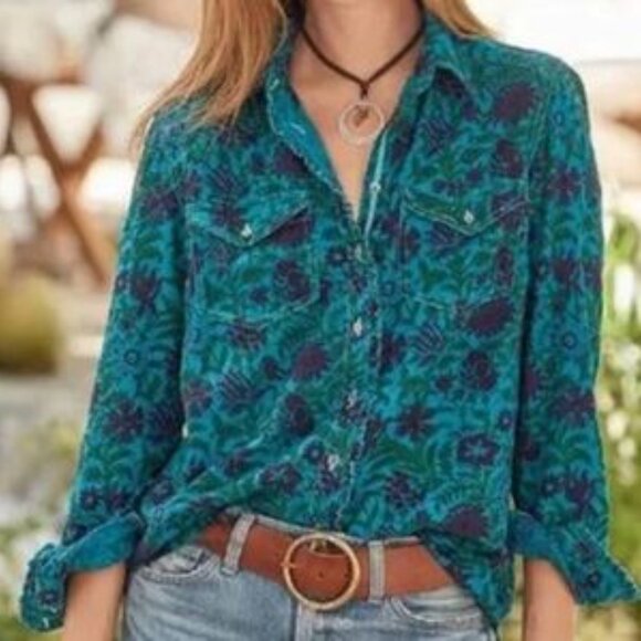 Sundance Floral Button-Up Shirt PXL Green & Burgundy Rhea eyelet 100% Cotton - Picture 1 of 12